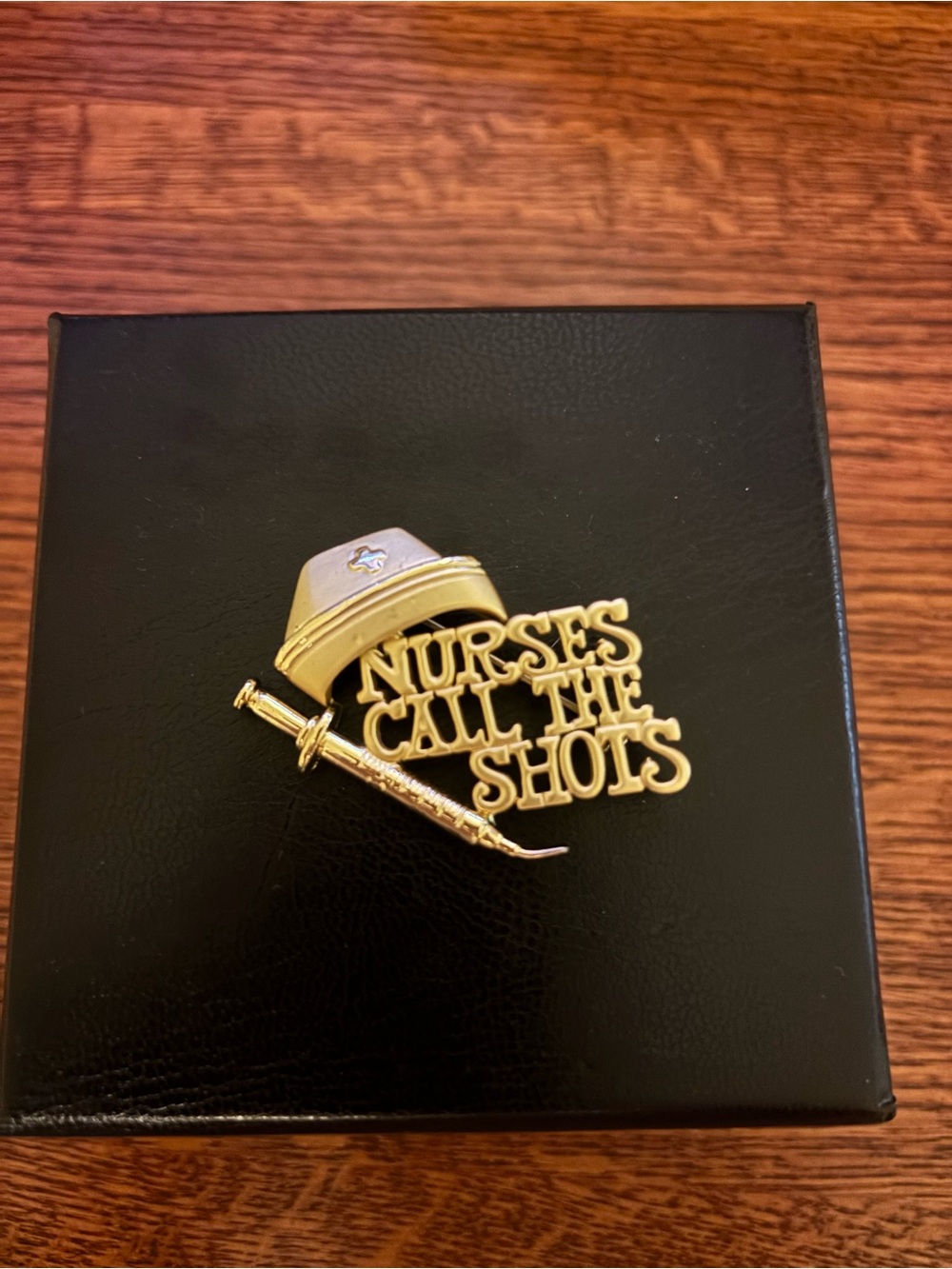 “Nurses Call the Shots” Brooch Pin Gold Tone